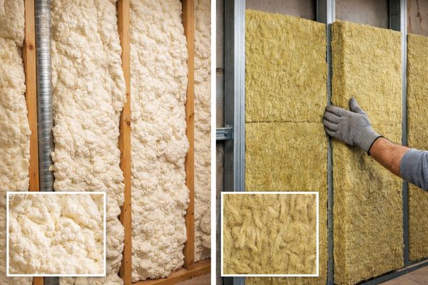 Espuma de poliuretano proyectado y panel lana de roca instalados en pared interior para aislamiento térmico